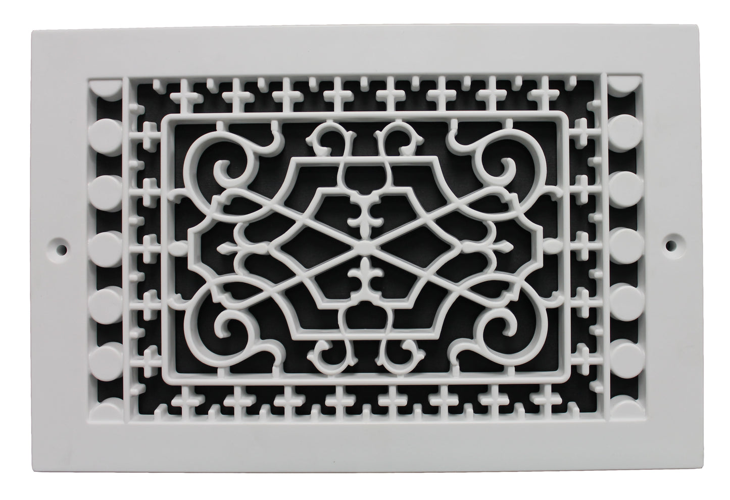 Victorian style decorative baseboard vent cover with the dimensions 6" in x 10" in