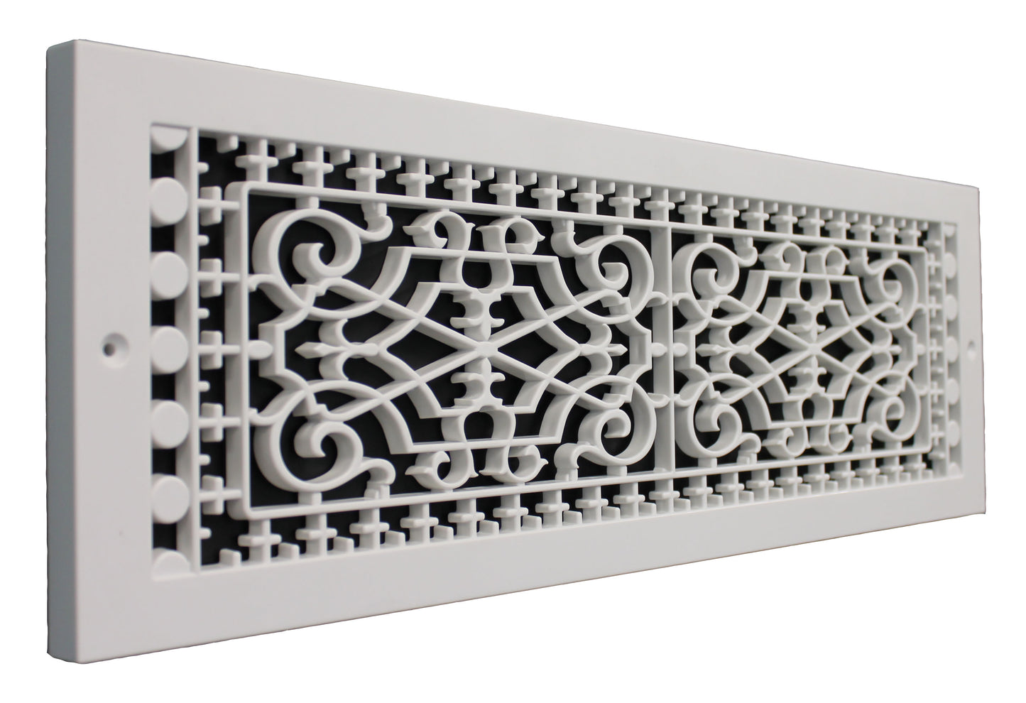 Victorian style decorative baseboard vent cover with the dimensions 6" in x 22" in