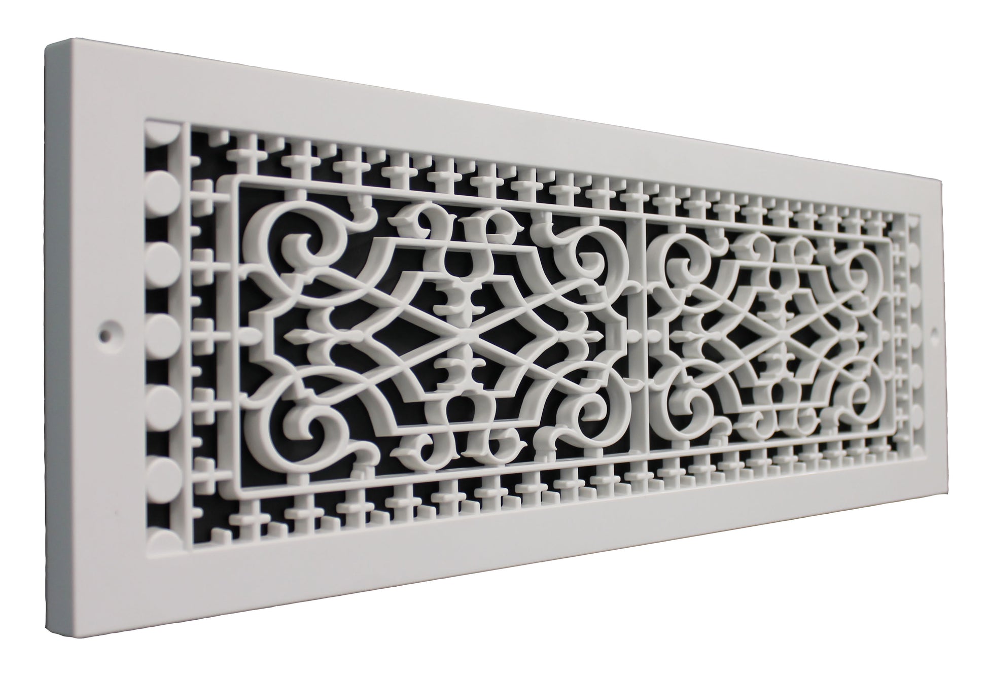 Victorian style decorative baseboard  vent cover with the dimensions 6" in x 22" in
