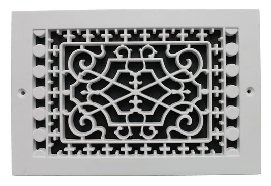 Victorian style decorative baseboard vent cover with the dimensions 6" in x 10" in
