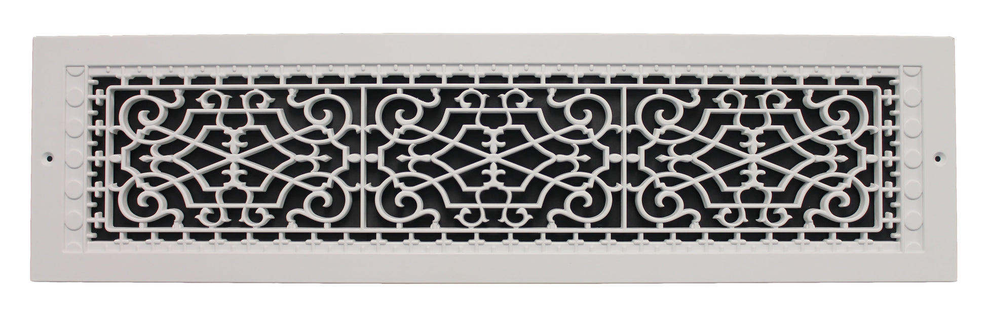 Victorian style decorative baseboard vent cover with the dimensions 6" in x 30" in